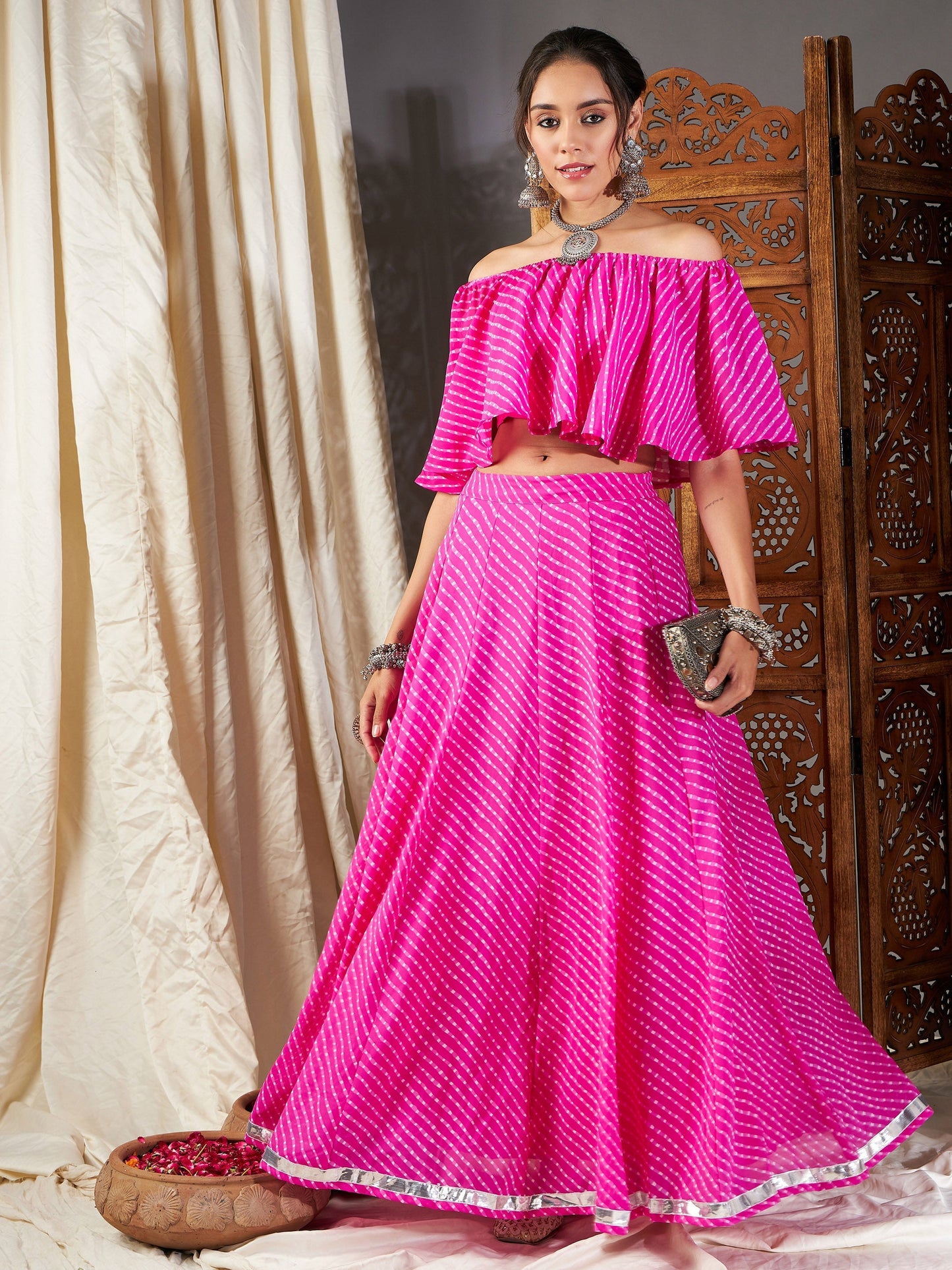 Women's Pink Lehariya Off Shoulder Crop Top With Anarkali Skirt