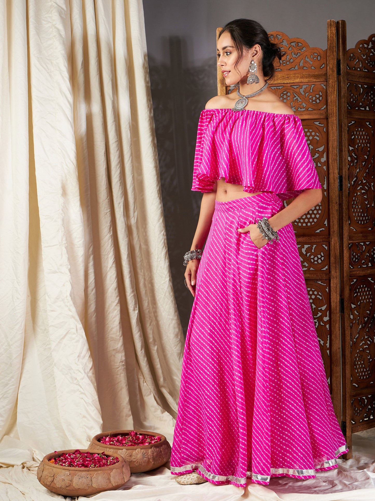 Women's Pink Lehariya Off Shoulder Crop Top With Anarkali Skirt