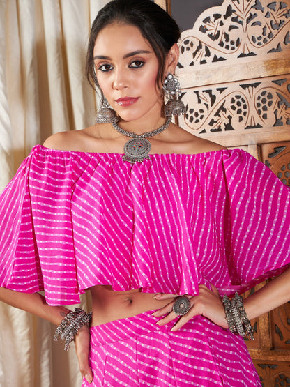 Women's Pink Lehariya Off Shoulder Crop Top With Anarkali Skirt