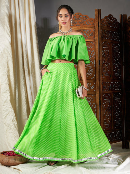 Women's Green Lehariya Bardot Crop Top With Anarkali Skirt