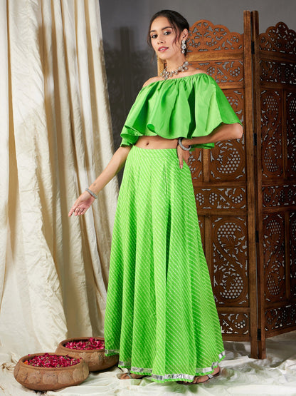 Women's Green Lehariya Bardot Crop Top With Anarkali Skirt