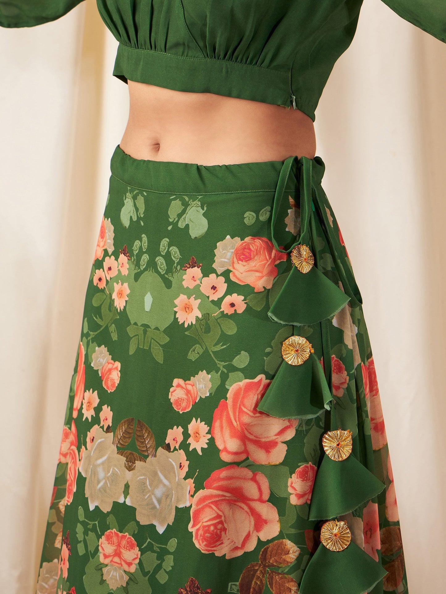 Women's Green & Peach Floral Bias Flared Skirt With Crop Top