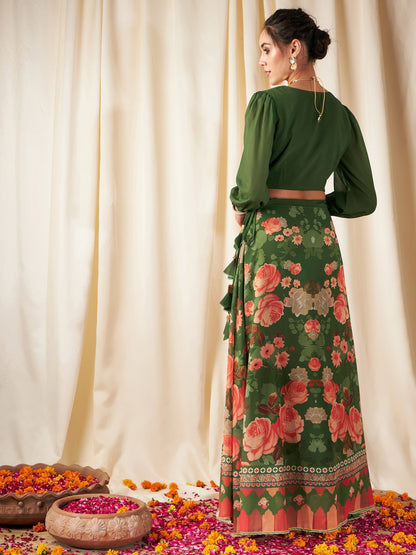 Women's Green & Peach Floral Bias Flared Skirt With Crop Top