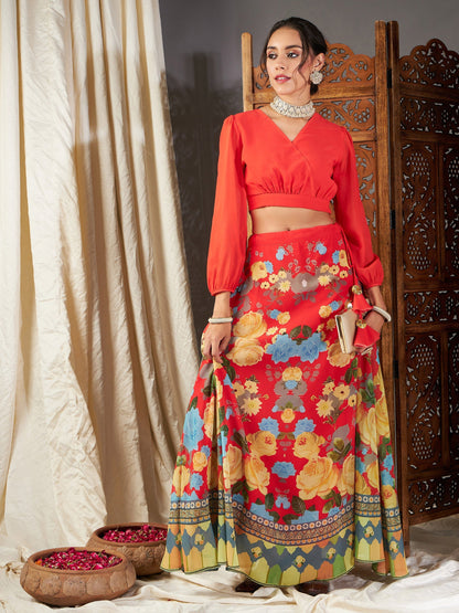 Women's Red & Yellow Floral Bias Flared Skirt With Crop Top