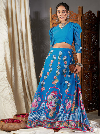 Women's Blue Floral Bias Flared Skirt With Crop Top