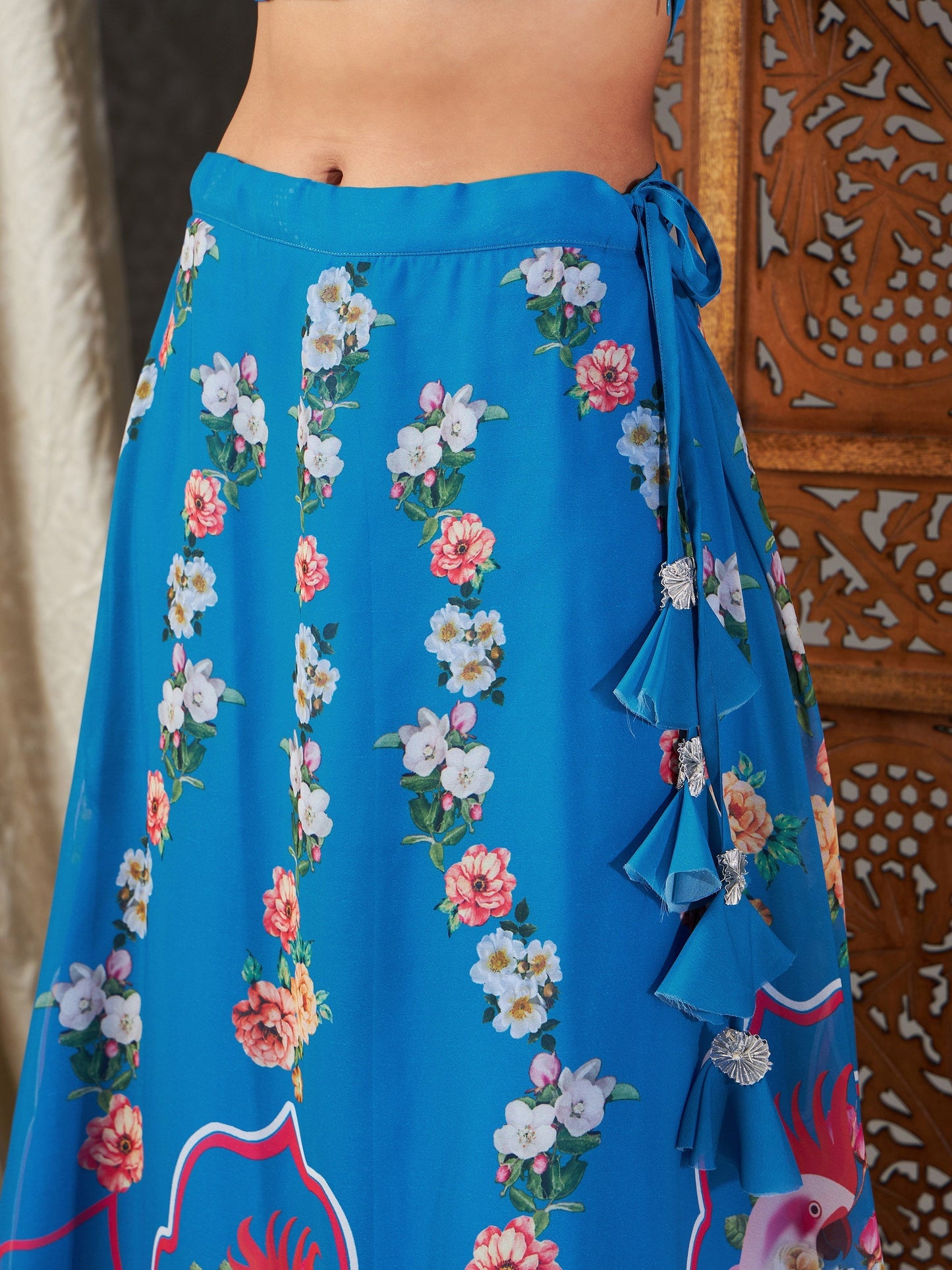 Women's Blue Floral Bias Flared Skirt With Crop Top