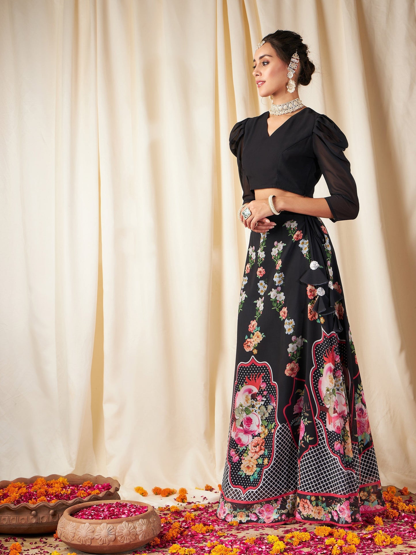 Women's Black Floral Bias Flared Skirt With Crop Top