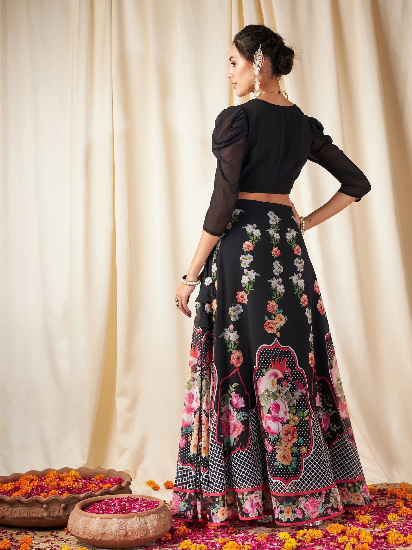 Women's Black Floral Bias Flared Skirt With Crop Top