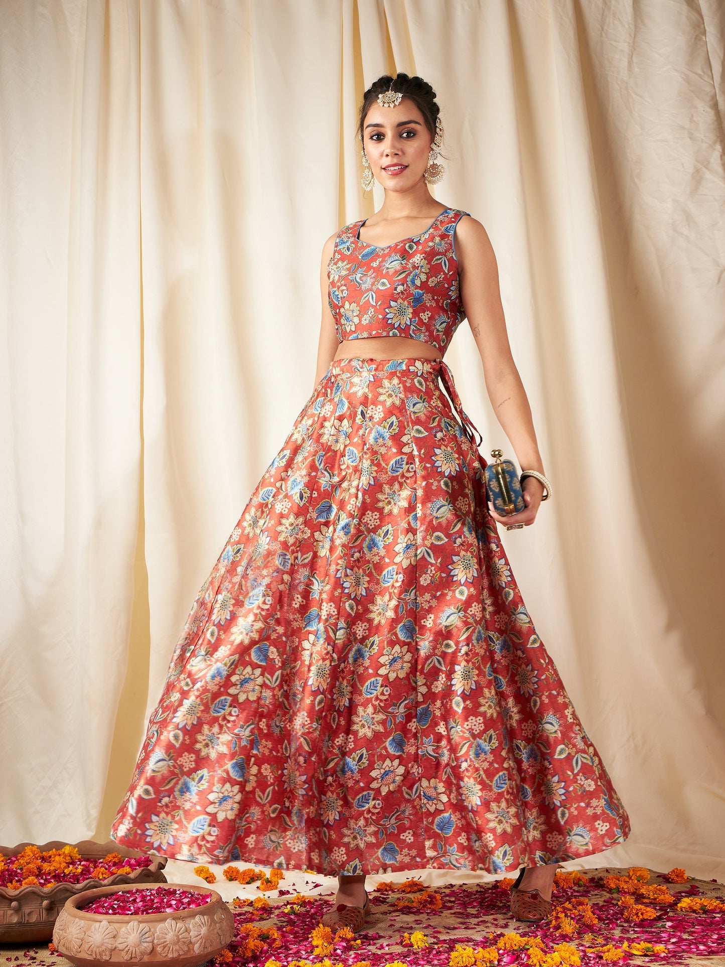 Women's Orange Floral Anarkali Skirt With Crop Top