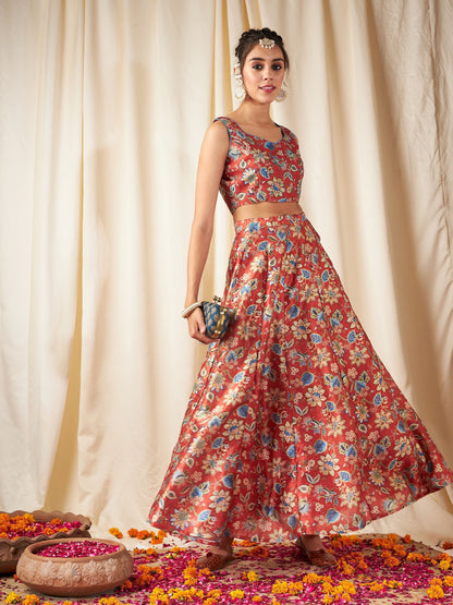 Women's Orange Floral Anarkali Skirt With Crop Top