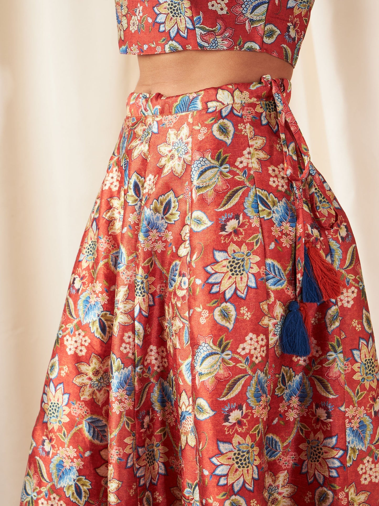 Women's Orange Floral Anarkali Skirt With Crop Top