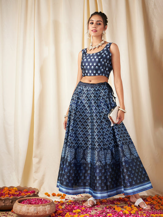 Women's Navy Floral Anarkali Skirt With Crop Top