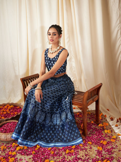 Women's Navy Floral Anarkali Skirt With Crop Top