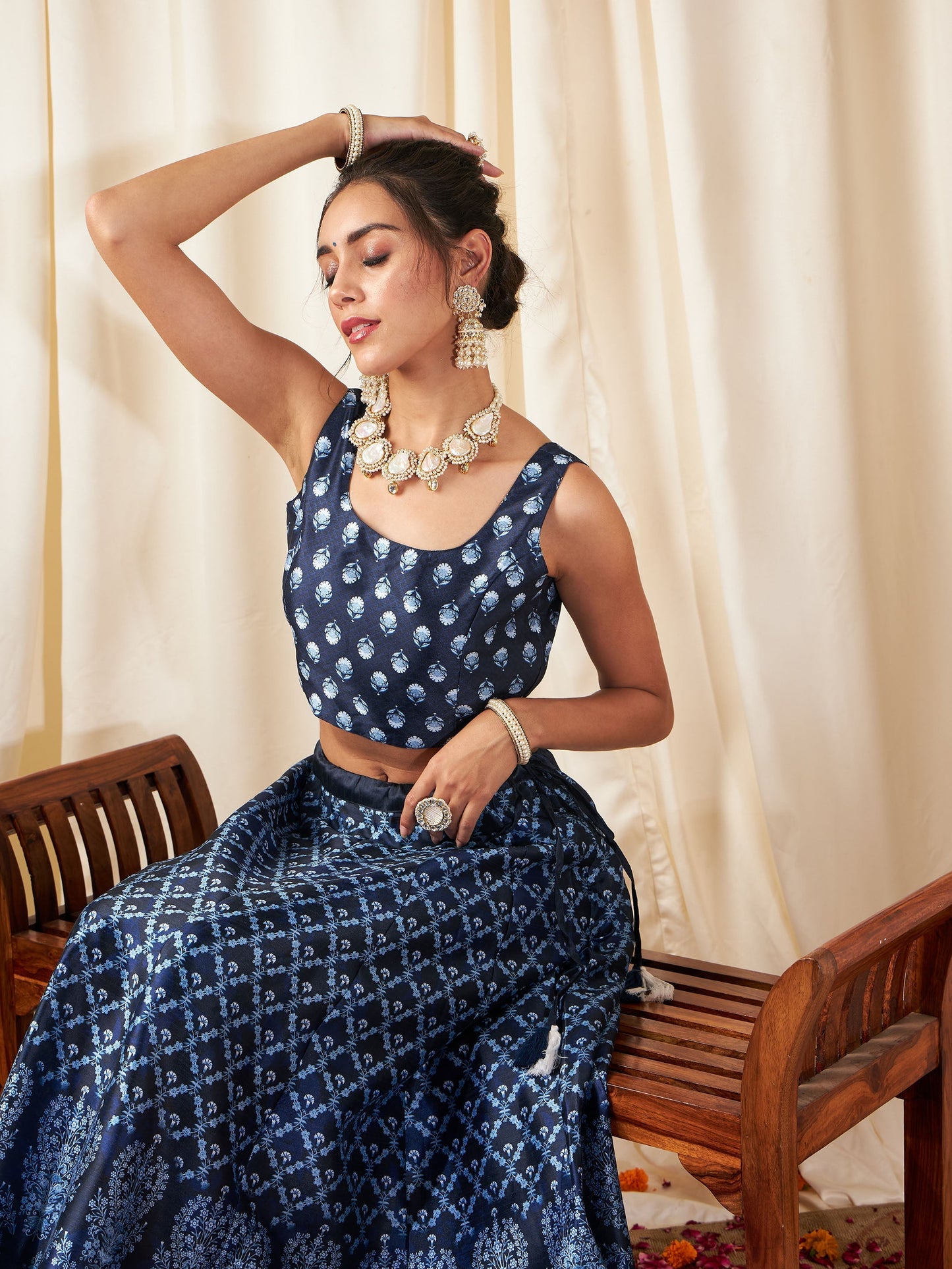 Women's Navy Floral Anarkali Skirt With Crop Top