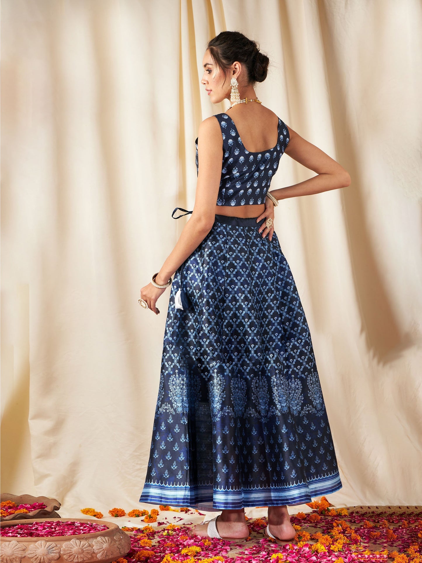 Women's Navy Floral Anarkali Skirt With Crop Top