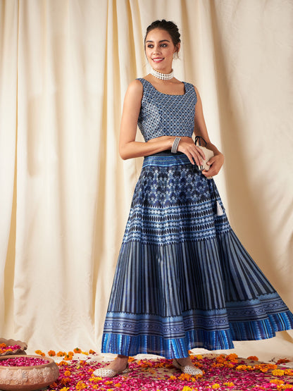 Women's Navy Chevron Anarkali Skirt With Crop Top