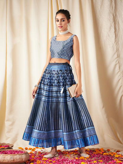 Women's Navy Chevron Anarkali Skirt With Crop Top