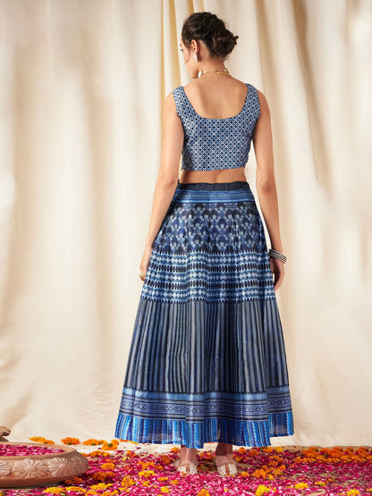 Women's Navy Chevron Anarkali Skirt With Crop Top