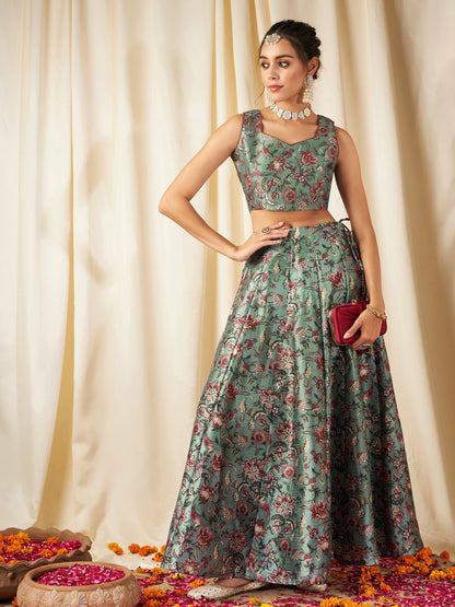 Women's Olive Floral Anarkali Skirt With Crop Top