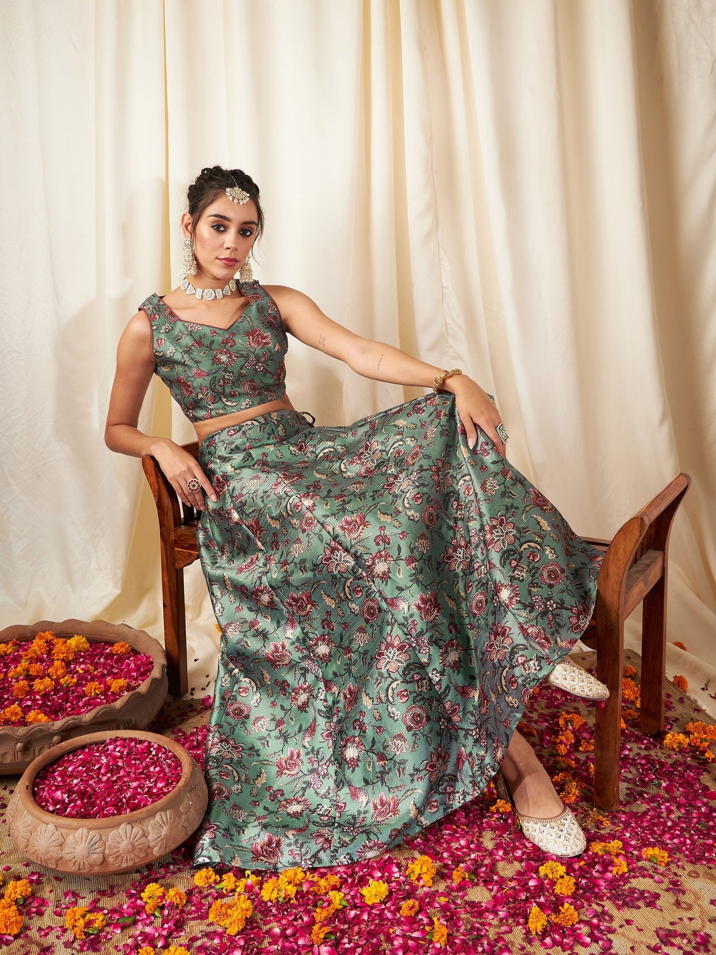 Women's Olive Floral Anarkali Skirt With Crop Top