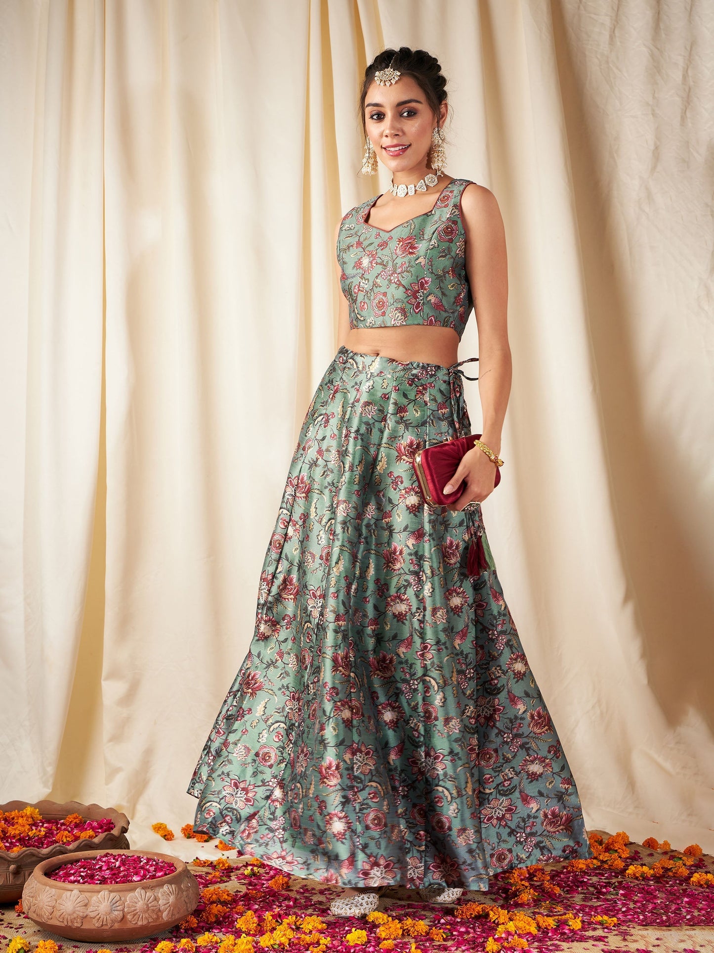 Women's Olive Floral Anarkali Skirt With Crop Top