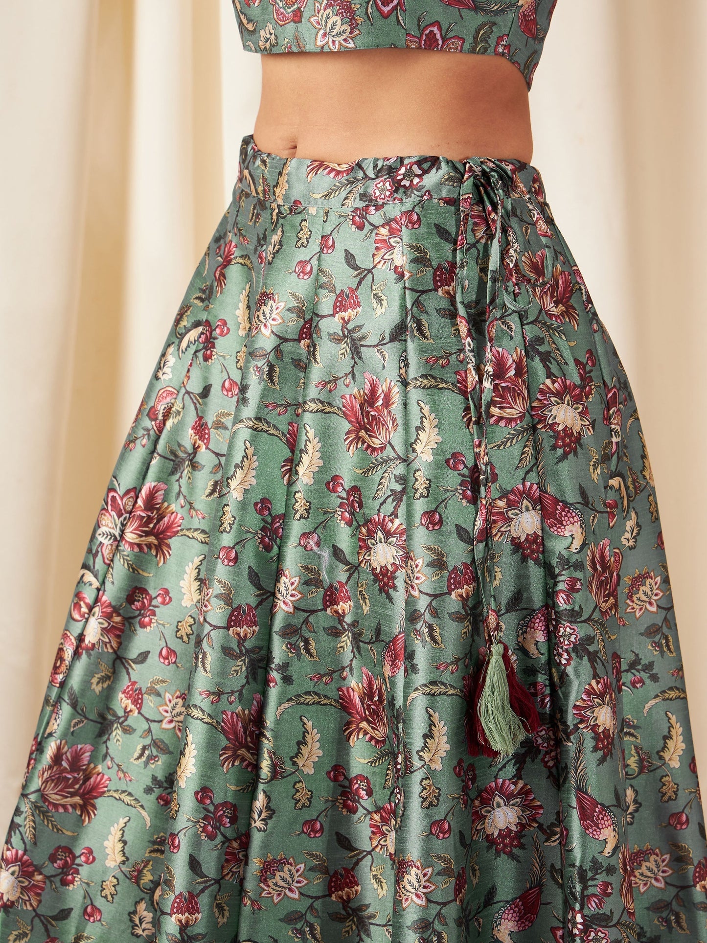 Women's Olive Floral Anarkali Skirt With Crop Top