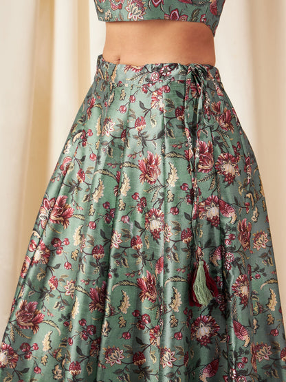 Women's Olive Floral Anarkali Skirt With Crop Top