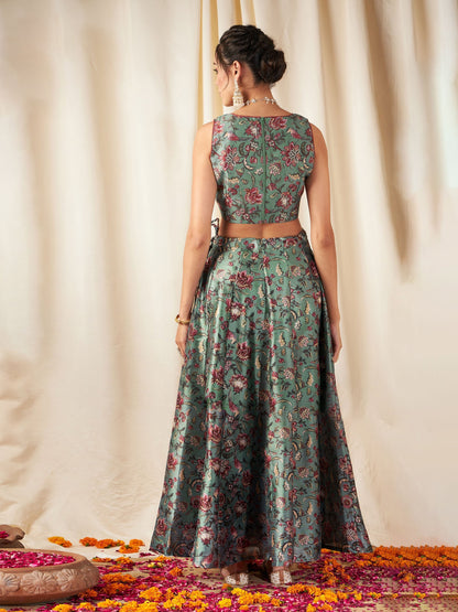 Women's Olive Floral Anarkali Skirt With Crop Top