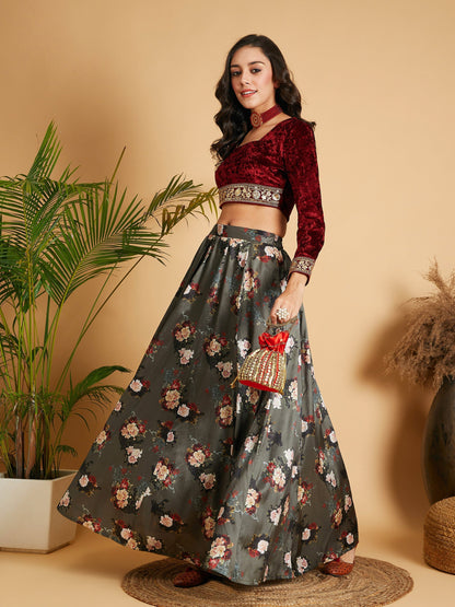 Women's Olive Floral Skirt With Maroon Velvet Crop Top