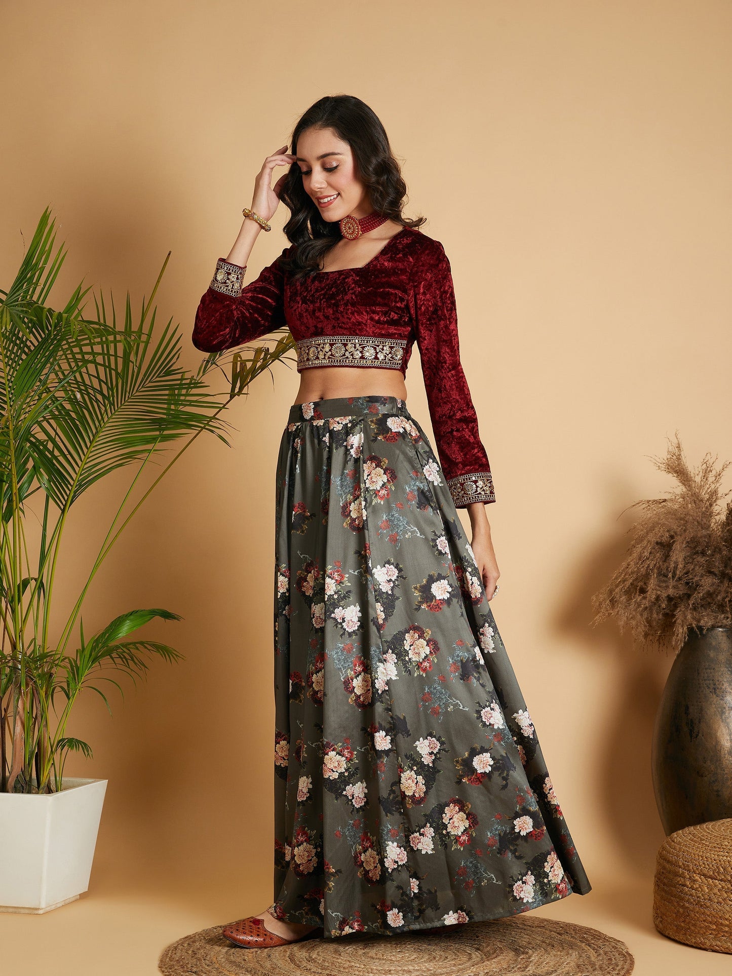 Women's Olive Floral Skirt With Maroon Velvet Crop Top