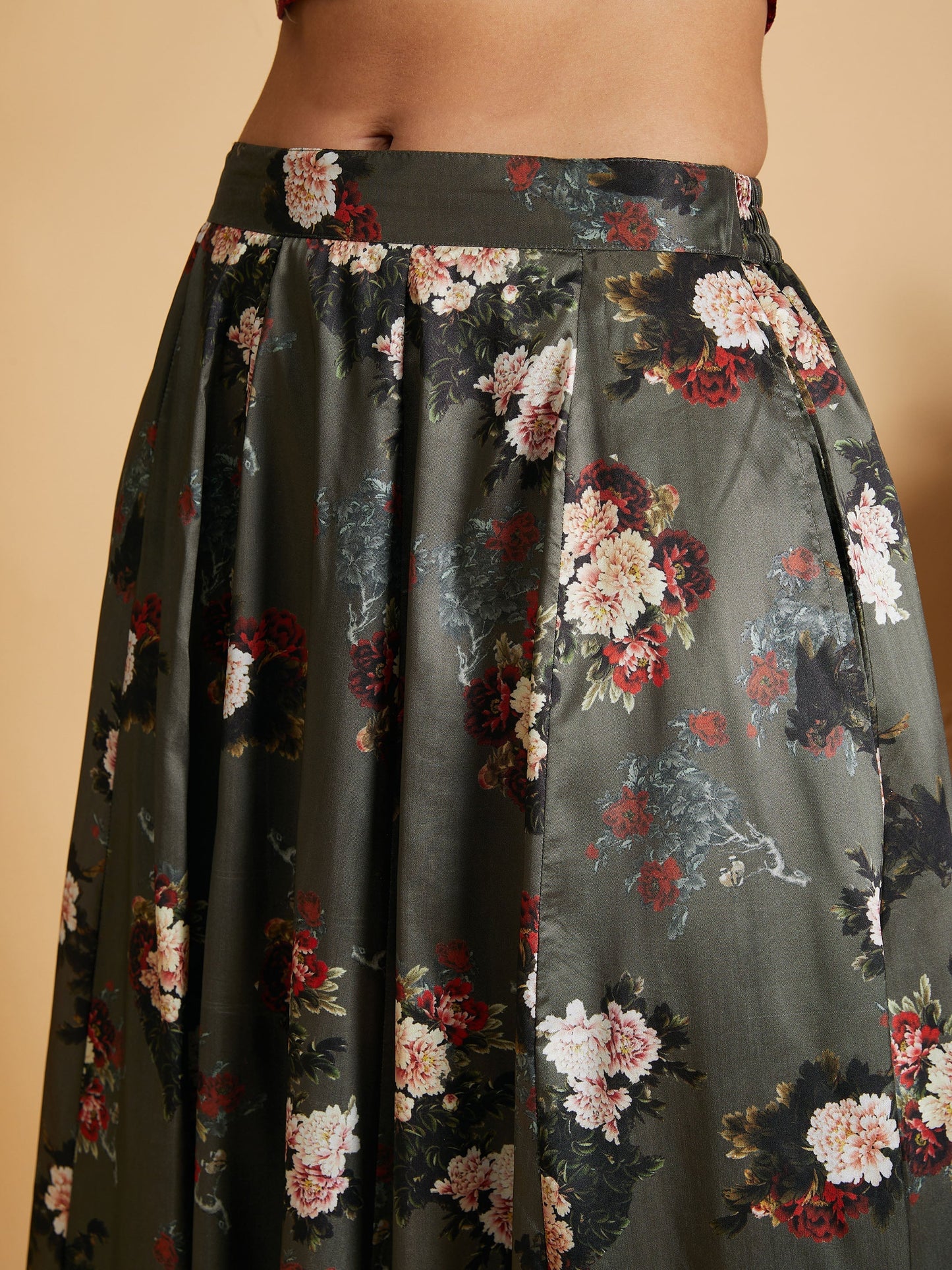 Women's Olive Floral Skirt With Maroon Velvet Crop Top