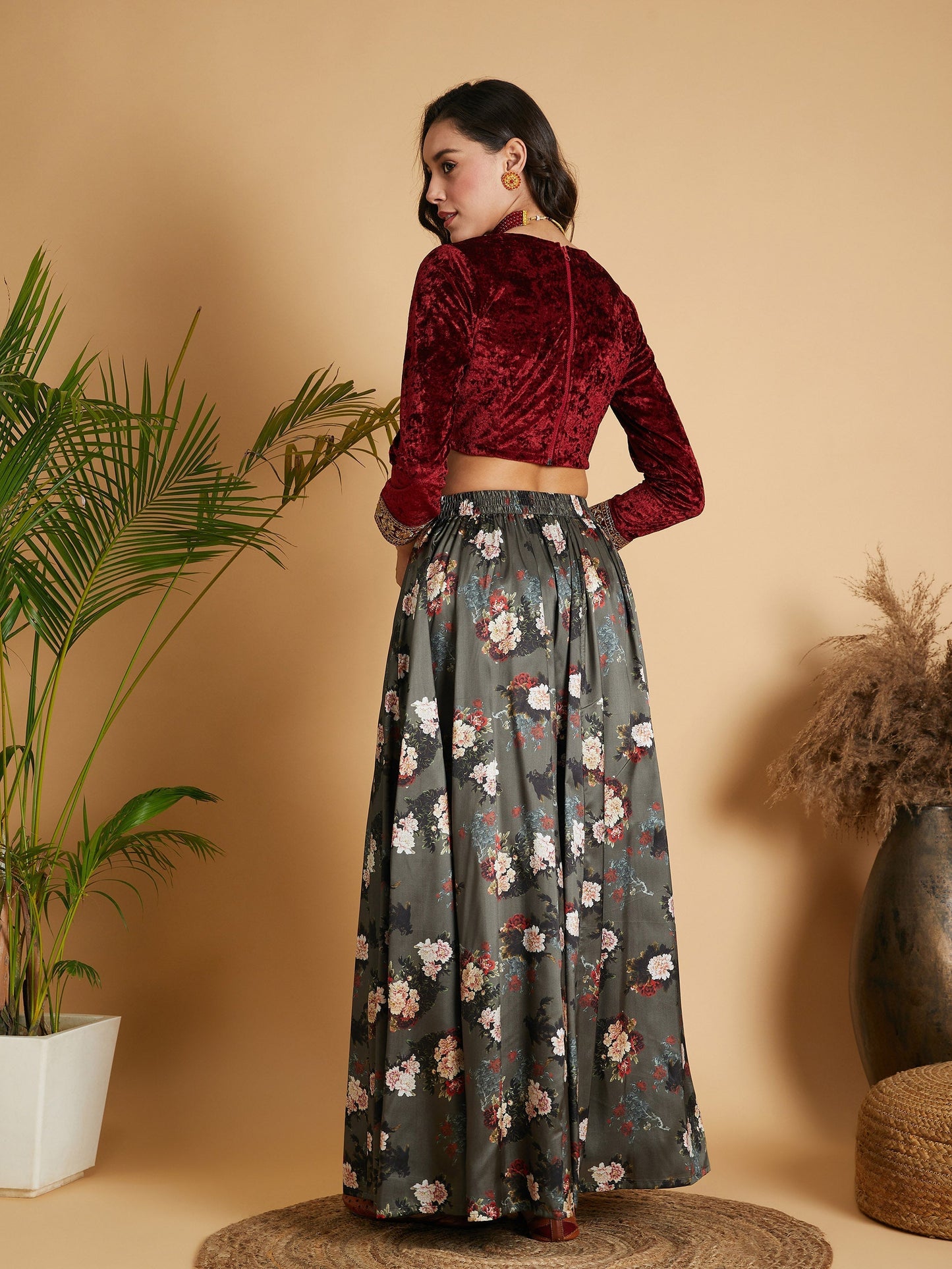 Women's Olive Floral Skirt With Maroon Velvet Crop Top