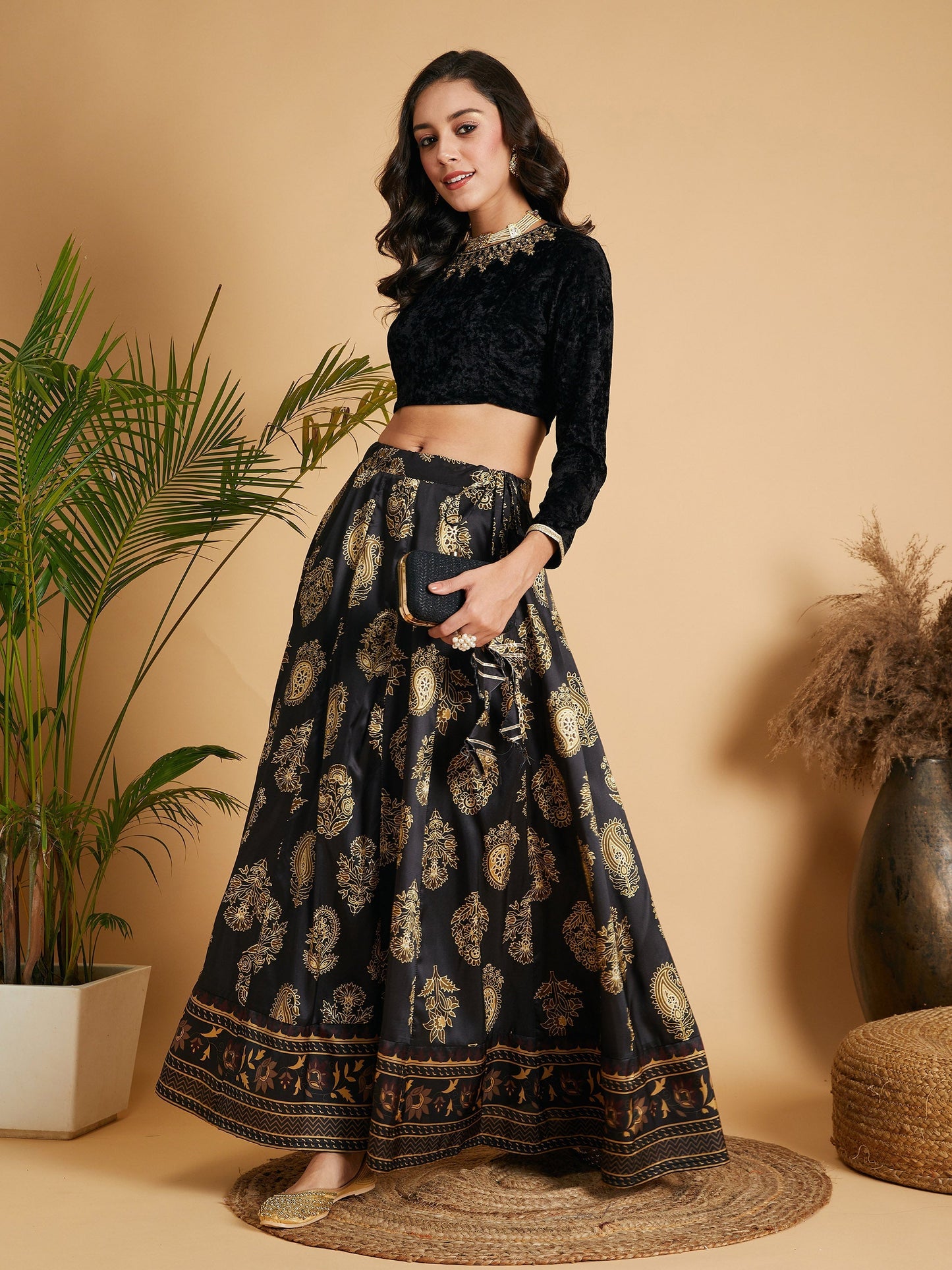 Women's Black Floral Skirt With Black Velvet Crop Top