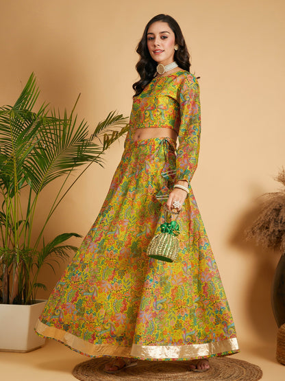 Women's Lemon Yellow Floral Anarkali Skirt With Crop Top