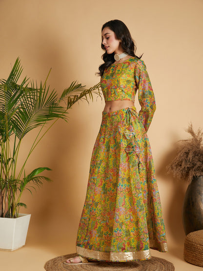 Women's Lemon Yellow Floral Anarkali Skirt With Crop Top