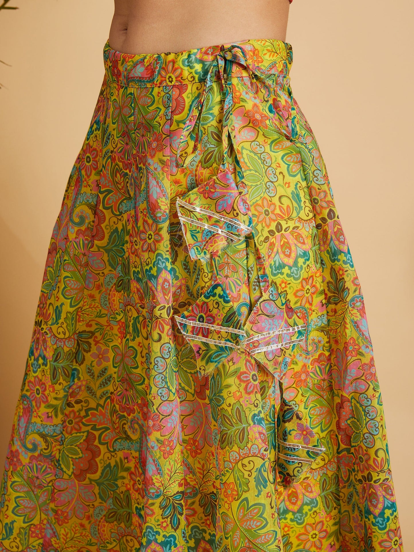 Women's Lemon Yellow Floral Anarkali Skirt With Crop Top