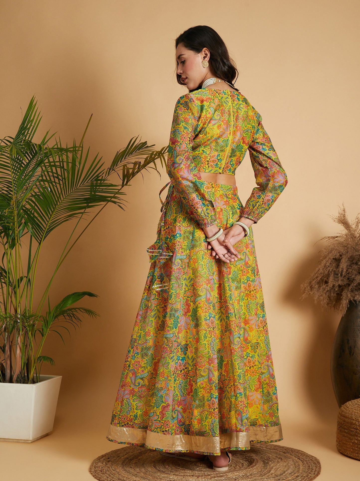 Women's Lemon Yellow Floral Anarkali Skirt With Crop Top