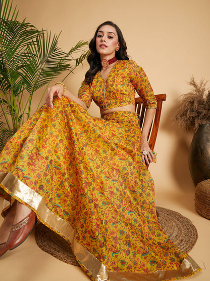 Women's Mustard Floral Anarkali Skirt With Crop Top