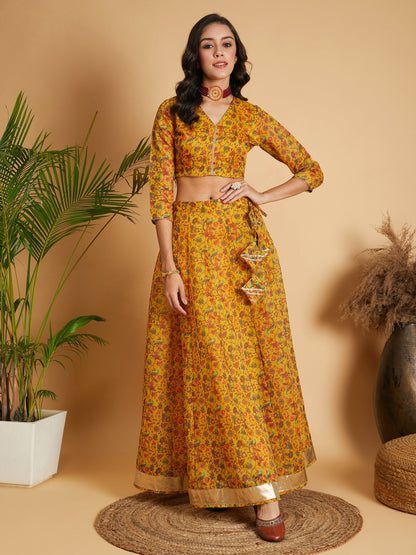 Women's Mustard Floral Anarkali Skirt With Crop Top