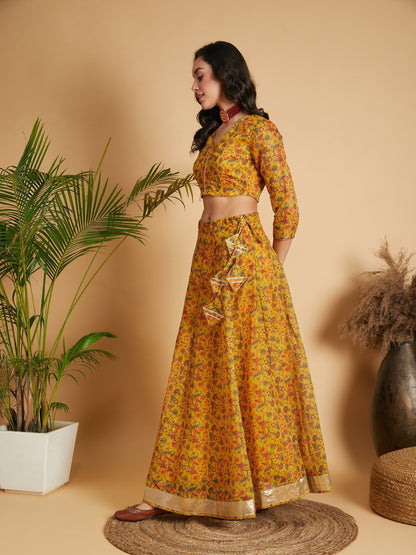 Women's Mustard Floral Anarkali Skirt With Crop Top