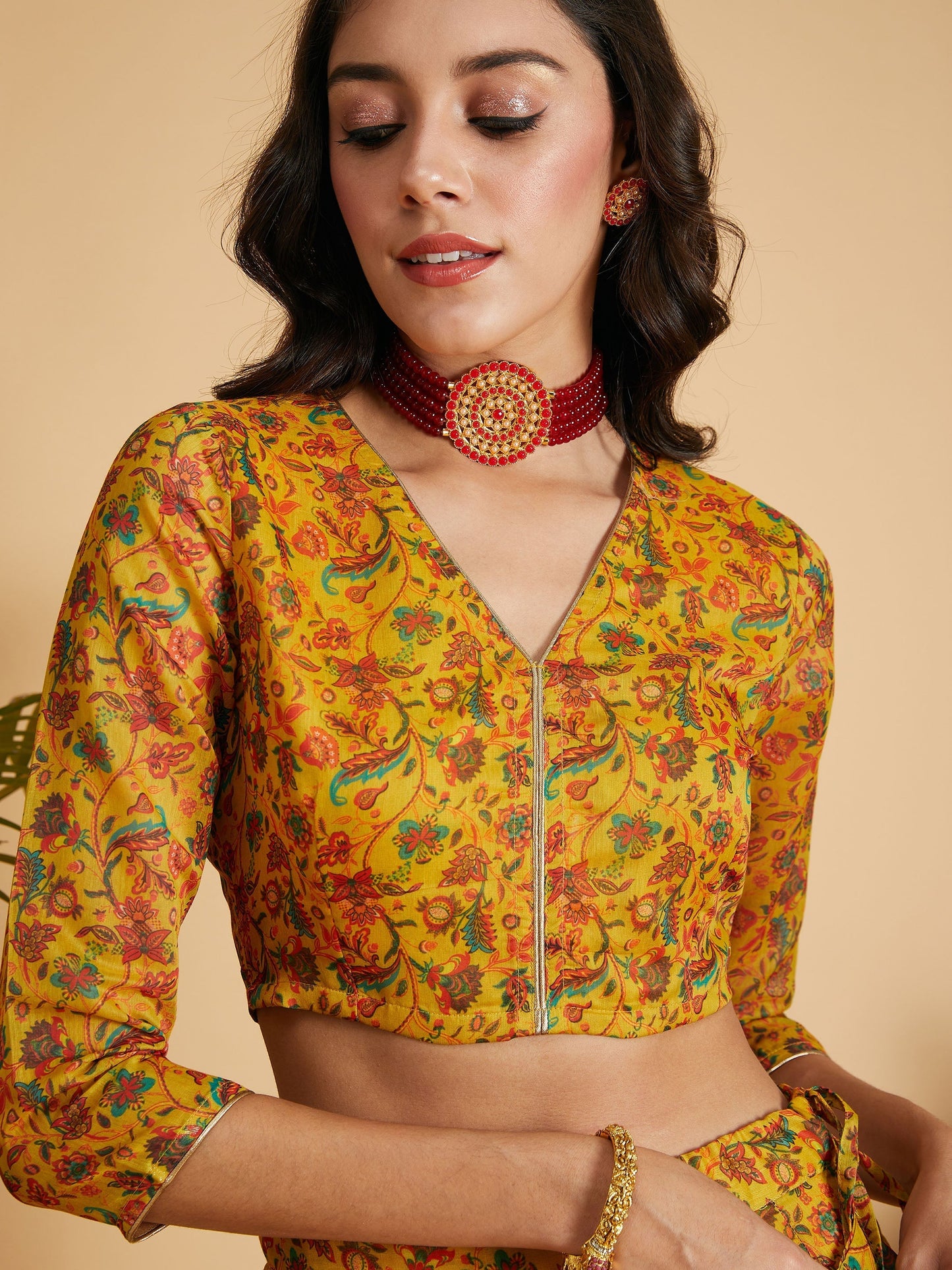 Women's Mustard Floral Anarkali Skirt With Crop Top