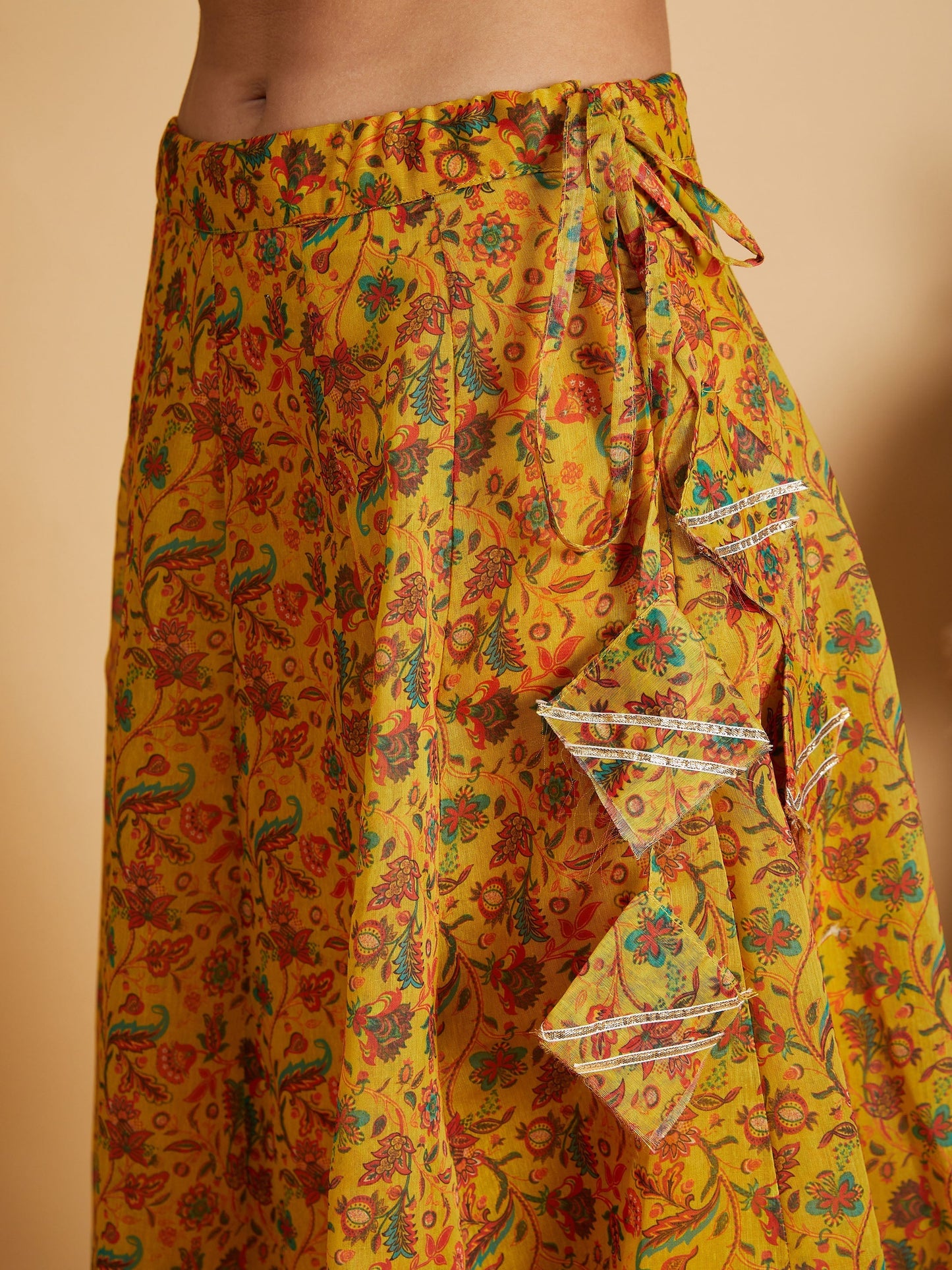 Women's Mustard Floral Anarkali Skirt With Crop Top