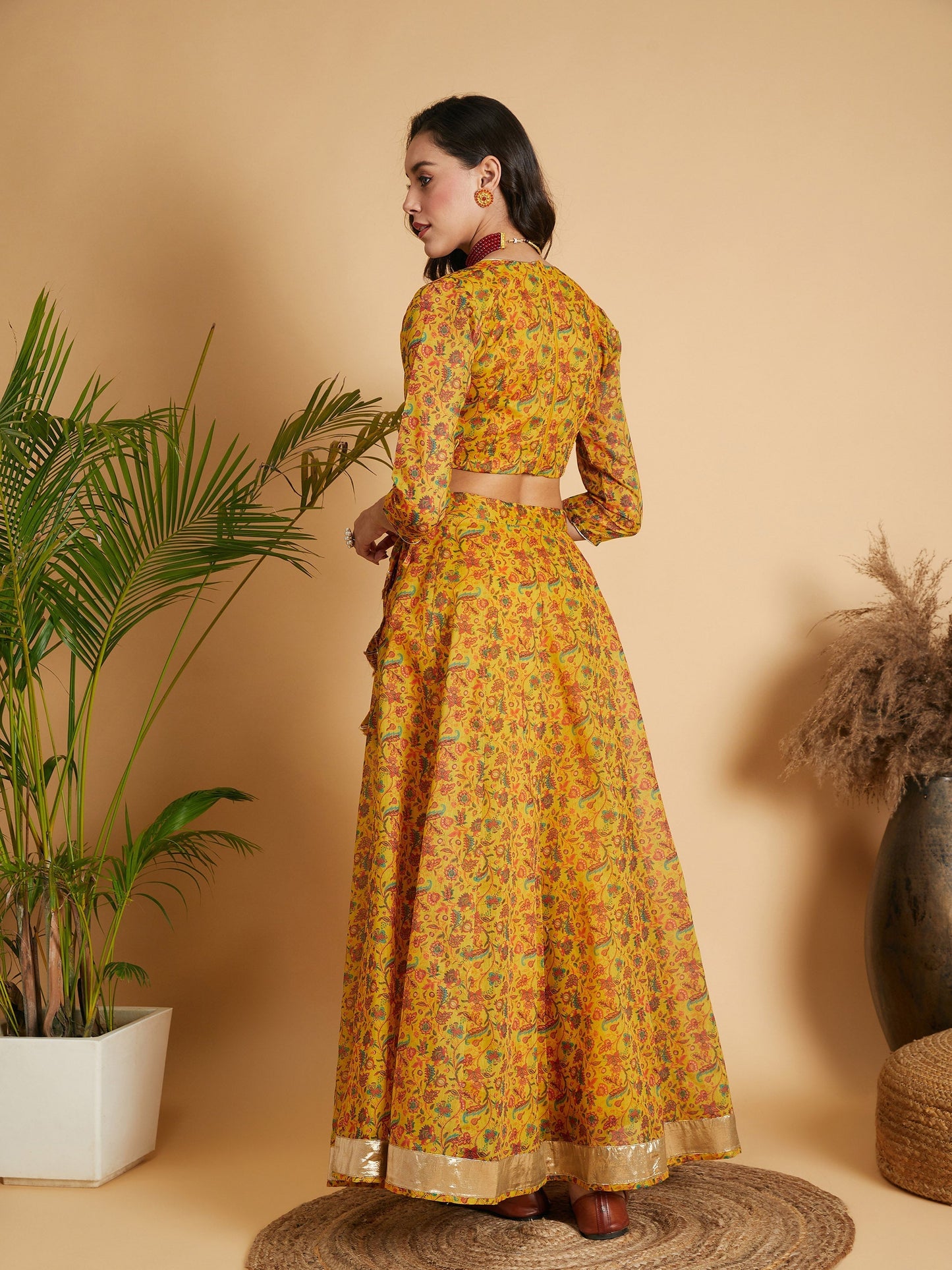 Women's Mustard Floral Anarkali Skirt With Crop Top