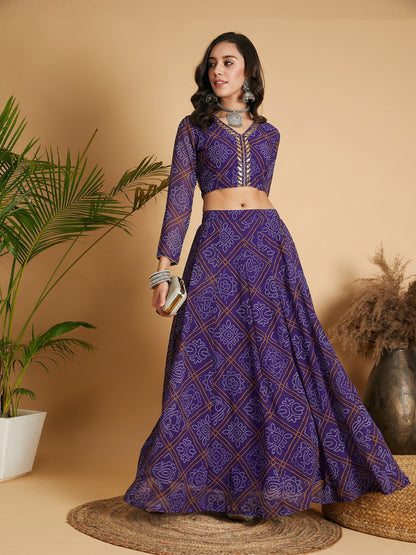 Women's Purple & White Bandhej Anarkali Skirt With Crop Top