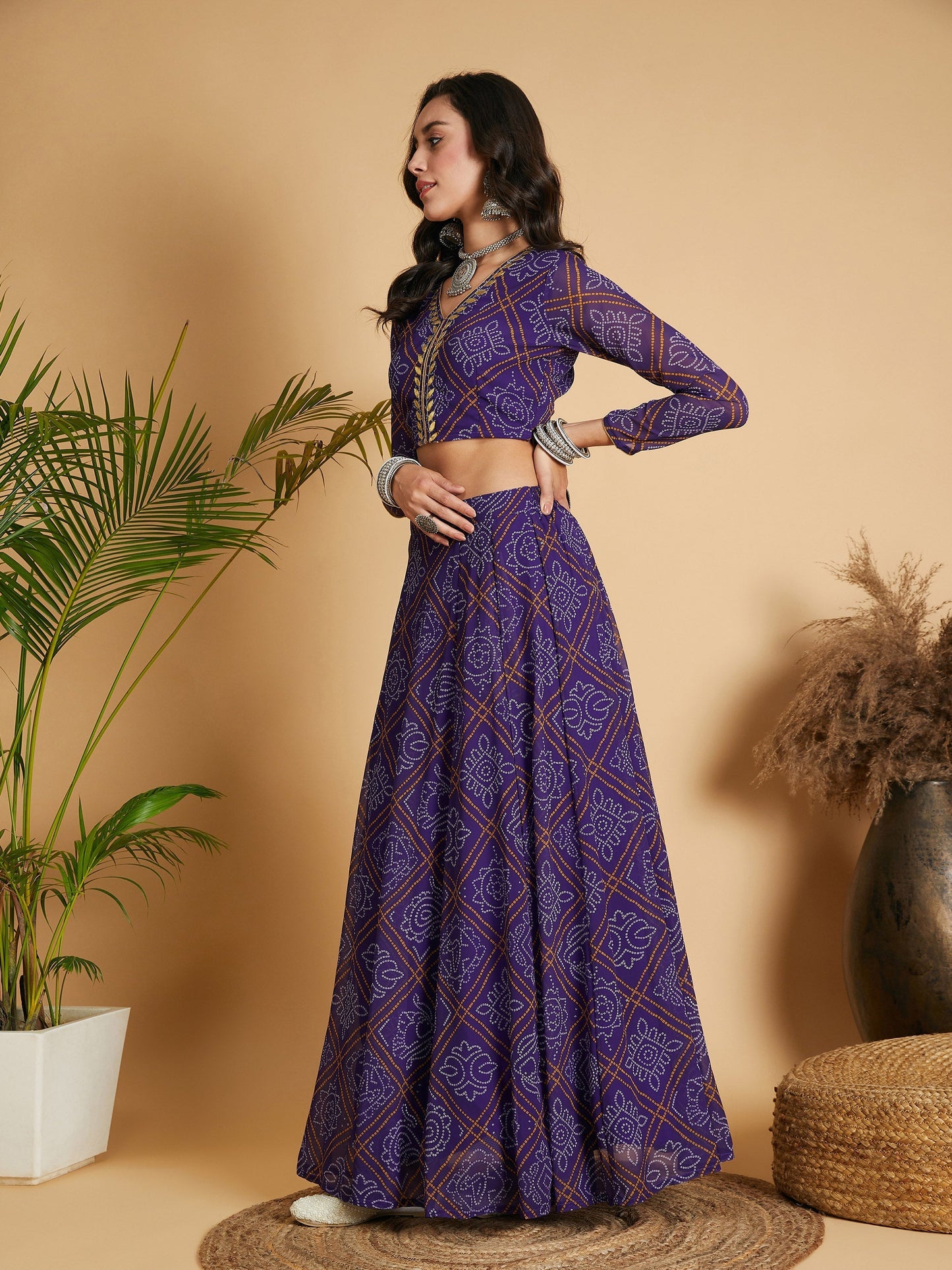 Women's Purple & White Bandhej Anarkali Skirt With Crop Top