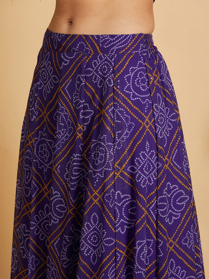 Women's Purple & White Bandhej Anarkali Skirt With Crop Top