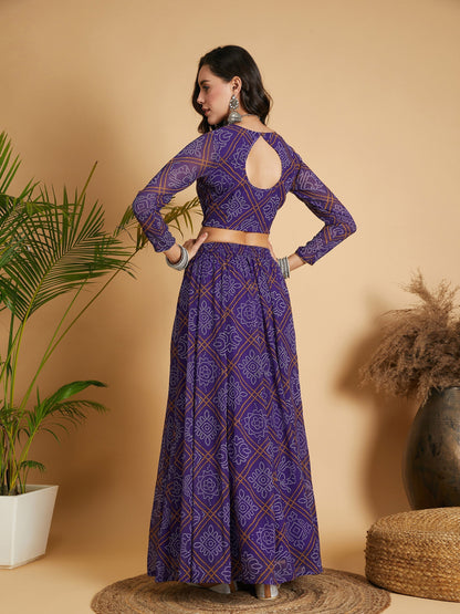 Women's Purple & White Bandhej Anarkali Skirt With Crop Top