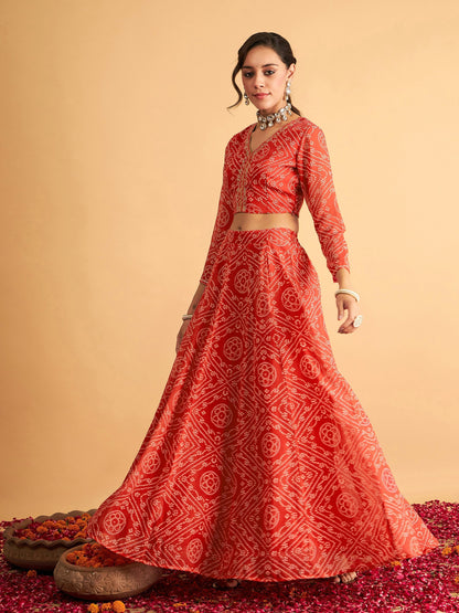 Women's Red & White Bandhej Anarkali Skirt With Crop Top