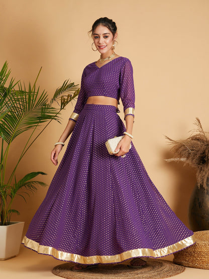 Women's Purple Dot Foil Print Anarkali Skirt With Crop Top