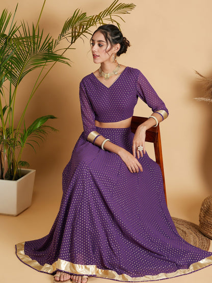 Women's Purple Dot Foil Print Anarkali Skirt With Crop Top